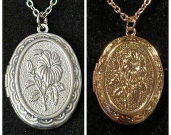 Silver, Rose Gold, Oval, Flower, Locket, Necklace