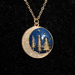 Moon, Stars, Trees, Gold, Pendant, Necklace