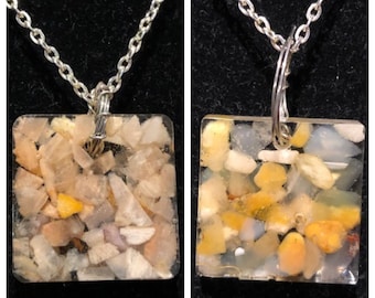 Peach, Moonstone, Yellow, Jade, Square, Epoxy, Handmade, Pendant, Necklace
