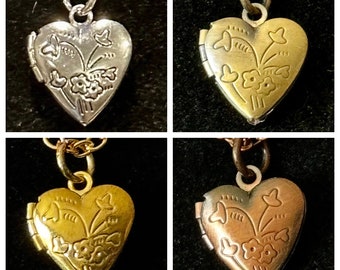 Tiny, Antique Bronze, Copper, Silver, Gold, Heart, Locket, Flowers, Pendant, Necklace