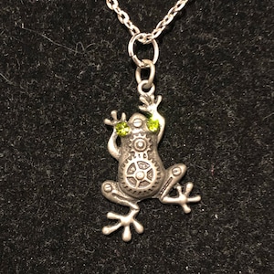 Steampunk, Frog, Green Rhinestones, Gears, Pendant, Necklace