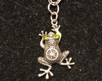 Steampunk, Frog, Green Rhinestones, Gears, Pendant, Necklace