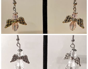 Pendientes de ángel hechos a mano, transparentes y de color rosa