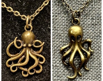 Small, Antique Bronze, Octopus, Pendant, Necklace