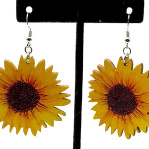 Wooden, Sunflower, Silver, Large, Earrings