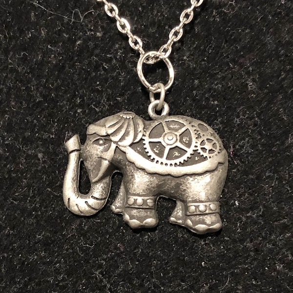Silver, Elephant, Steampunk, Gears, Pendant, Necklace