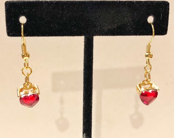Ouro, Coração Vermelho, Pendente, Brincos
