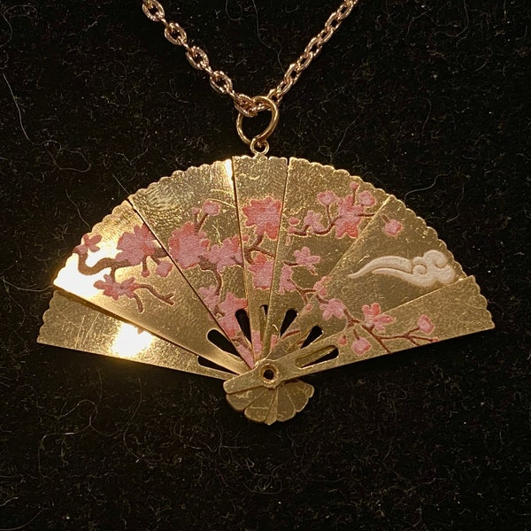 Gold, Cherry Blossom, Dragon, Foldable, Fan, Pendant, Necklace