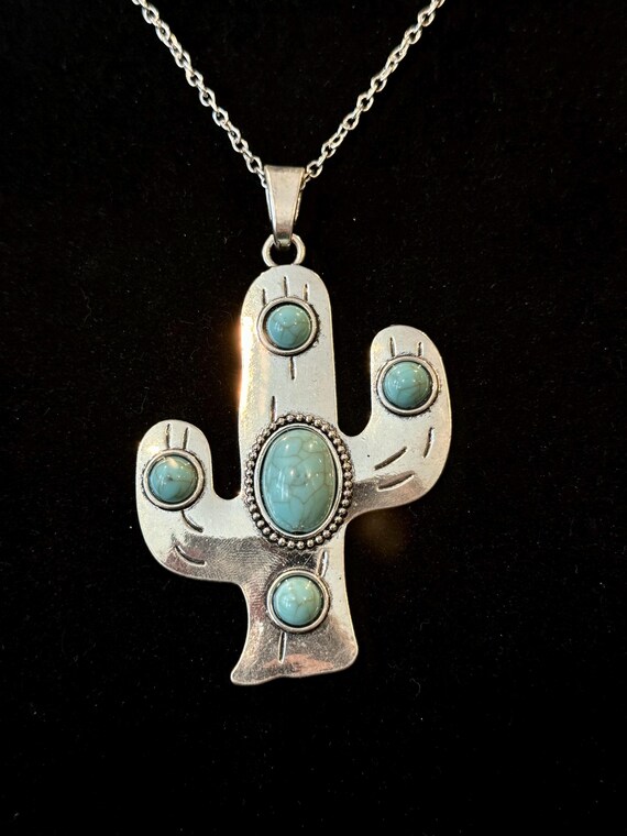 Large Turquoise Cactus Silver Pendant Necklace Etsy