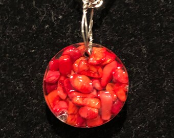 Red bamboo coral, epoxy, round, circle, pendant, necklace