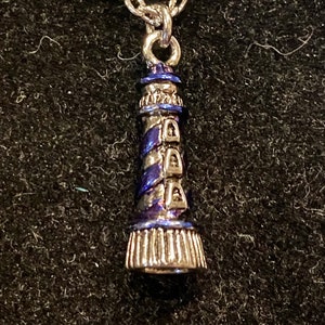 Blue, Silver, Tiny, Lighthouse, Hand Painted, Pendant, Necklace
