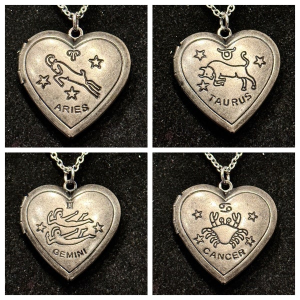 Zodiac, Silver, Heart, Locket, Necklace