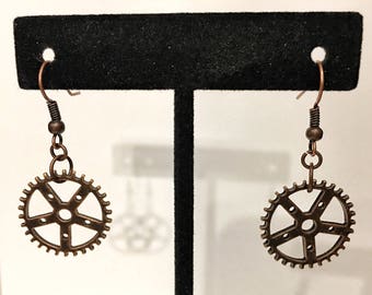 Copper, Antique Bronze, Gear, Steampunk, Dangle, Earrings
