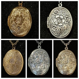 Antique Bronze, Bright Silver, Antique Silver, Rose Gold, Gold, Oval, Flower, Locket, Necklace