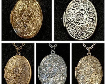Antique Bronze, Bright Silver, Antique Silver, Rose Gold, Gold, Oval, Flower, Locket, Necklace