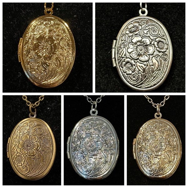 Antique Bronze, Bright Silver, Antique Silver, Rose Gold, Gold, Oval, Flower, Locket, Necklace