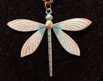 Patina, Türkis, Libelle, antike Bronze, Anhänger, Halskette