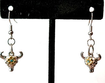 Silber, Gold, Stier, Schädel, Blau, Strass, Anhänger, Ohrringe