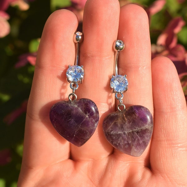 AMETHYST Heart Belly Ring, Crystal Belly Ring, Belly Button Ring Belly Button Rings, Gemstone Belly Ring, Navel Rings, Spring Shopping