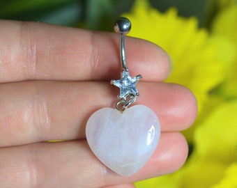 ROSE QUARTZ Heart Belly Ring, Crystal Belly Ring, Belly Button Ring Belly Button Rings, Gemstone Belly Ring, Spring Shopping