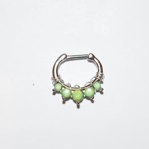 Wire Wrapped Green Five Pronged Opalites 316L Surgical Steel Septum Clicker Ring, Nose ring, Piercings, Septum Rings, Mothers Day Gift