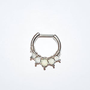 Wire Wrapped White Five Pronged Opalites 316L Surgical Steel Septum Clicker Ring, Nose ring, Piercings, Spring Shopping
