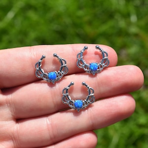 Wire Wrapped Blue Opal Non Piercing Lacey Single Opal Septum Hanger, Fake septum rings, nose rings, fake nose piercings
