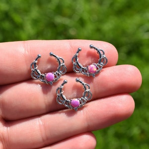 Wire Wrapped Pink Opal Non Piercing Lacey Single Opal Septum Hanger, Fake septum rings, nose rings, fake nose piercings