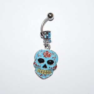 Blue Sugar Skull Epoxy Dangle 316L Surgical Steel Navel Rings, body jewelry, piercings, belly piercings, navel rings, Spring Shopping