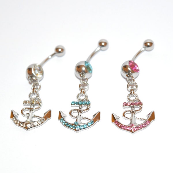 Belly Button Ring, Navel Ring, Anchor Navel Ring, Sea Belly Ring, Blue, Pink, White Crystal Rings, Belly Rings, Spring Shopping