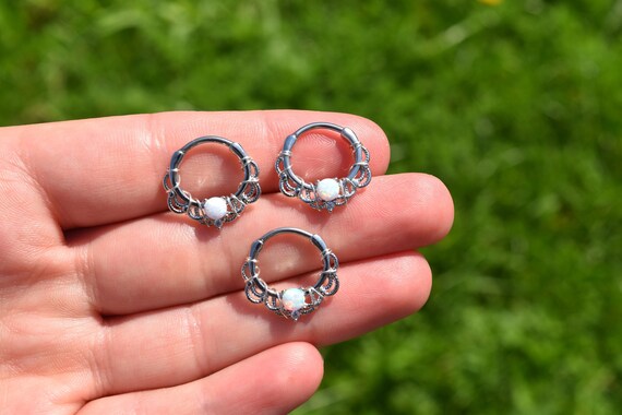 Implant Grade Titanium Nose Ring – Lacey CZ & Opal Gem Septum Clicker (18mm)