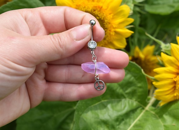 Peace Rose Aura Quartz Belly Ring Crystal Belly Ring Belly Button Ring Belly Button Rings Gemstone Belly Ring Spring Shopping Etsy