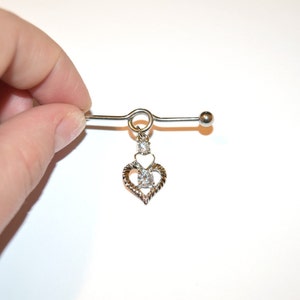 Barra industrial em formato de coração, barra pendente de 36 mm, piercing industrial em forma de barra, calibre 14, barra de cristal, piercing na parte superior da orelha, mola de compras