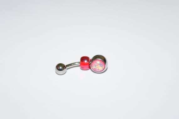 Handmade Pink Opal Glitter Belly Ring 316L Surgical Steel Belly Button Rings, navel ring, belly piercings, piercings, Spring Shopping