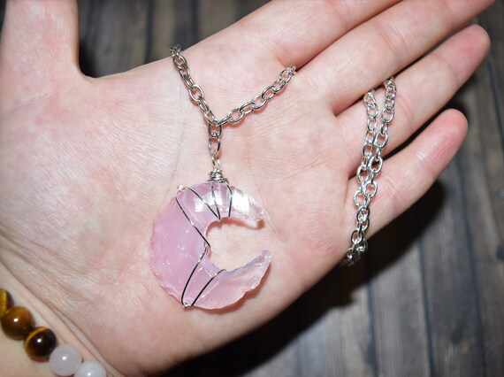 Silver Rose Quartz Crescent Moon Necklace Moon Jewelry Moon Lovers