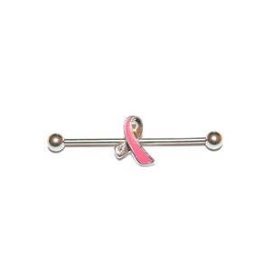 Barra industrial com fita rosa, barra pendurada, piercing industrial com barra, calibre 14, piercing de orelha superior (38 mm), compras de primavera