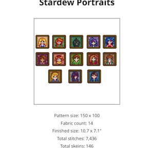 Könnte beinhalten: Eine Sammlung von Pixel-Art-Porträts aus "Stardew Valley", die in kleinen, quadratischen Rahmen dargestellt werden. Der Text "Stardew Portraits" steht oben. Die fertige Größe beträgt 27,2 x 18,0 cm. Die Mustergröße beträgt 150 x 100.