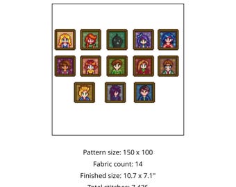 Portraits of the bachelor/bachelorette characters in Stardew Valley cross stitch pattern