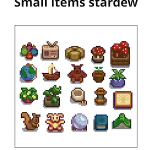 Peut inclure: Une collection d'objets pixelisés de Stardew Valley. L'image présente une grille d'objets colorés, dont une radio, un champignon, un globe, un bateau, un ours et des plantes.