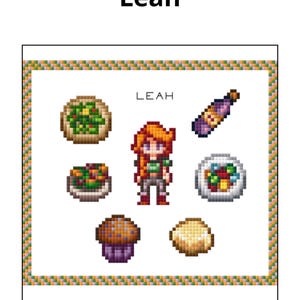 May include: Pixelated image featuring the name "Leah" at the top and in the center. The image includes a pixelated character, food items, and a bottle. The border is a repeating pattern of green, orange, and yellow.