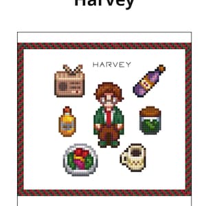May include: Pixel art illustration featuring the name "Harvey" above a collection of pixelated items. The image includes a radio, a character with glasses, a bottle, a jar, a cup, a plate with food, and a bottle.