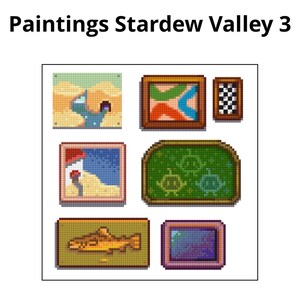 May include: Collection of pixel art paintings from Stardew Valley 3. The paintings feature various designs, including landscapes, abstract shapes, and a checkerboard pattern. The color palette includes shades of brown, green, blue, and orange.