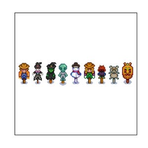 May include: A row of pixelated scarecrows in various costumes, including a farmer, witch, alien, snowman, and pumpkin. Each figure has a unique design and color scheme, standing on a white background.