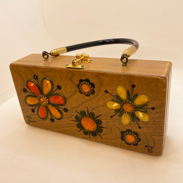 Enid Collins of Texas 1960s 1970s Vintage Rare 'Les Fleurs' Wooden Purse