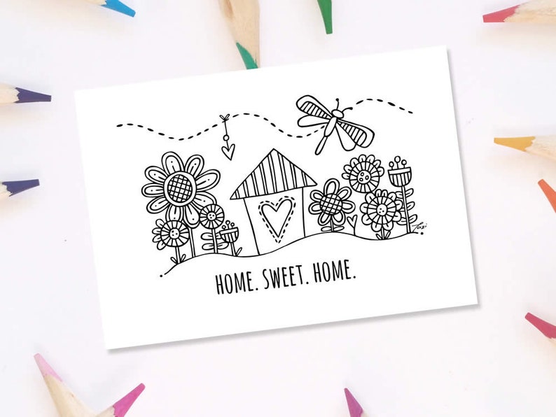 Home Sweet Home Colouring Page Instant Digital Download Original Doodle Design image 1