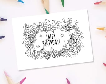 Happy Birthday Colouring Page & Folded Card | Instant Digital Download | Original Doodle Design