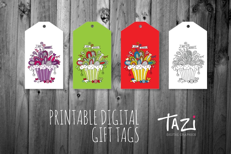 PRINTABLE Birthday Cupcake Gift Tags Instant Digital Download to Print at Home Original Design image 1