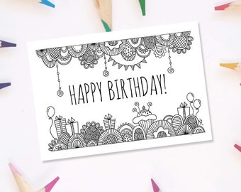 Happy Birthday Colouring Page & Folded Birthday Card | Instant Digital Download | Original Doodle Design