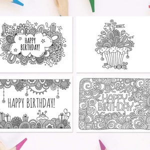 Set of 4 Happy Birthday Colouring Pages | Instant Digital Download | Original Doodle Designs