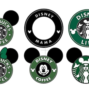 May include: Six different designs of round, green and black stickers with the text "Starbucks Coffee" and "Disney" in white. The stickers feature a mermaid logo and Mickey Mouse.